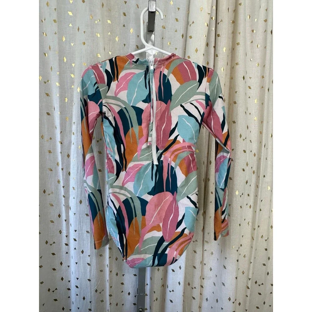 Toddler Girl's Tropical Leaves Long Sleeve One-Piece Pull Back Zip Swimsuit 4T